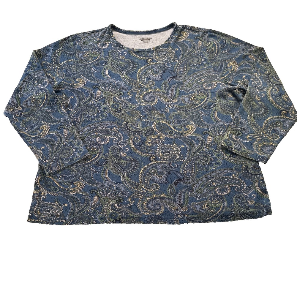 Y2K Cottagecore St. John's Bay Crewneck‎ Shirt 2X Blue Retro Paisley Long Sleeve